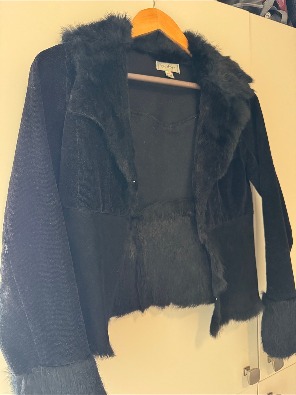 bebe Black Faux Fur Trim Suede-Style Jacket